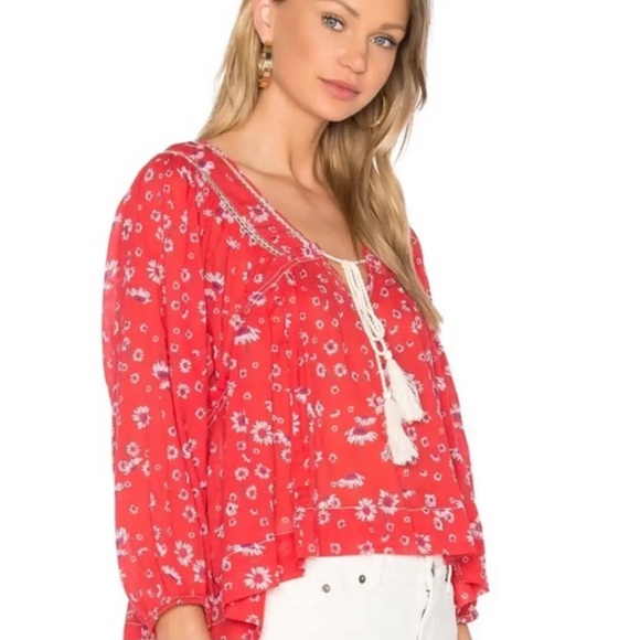 FREE PEOPLE Never A Dull Moment Floral Boho Peasant Oversized Cotton Blouse Sz S - Picture 6 of 12